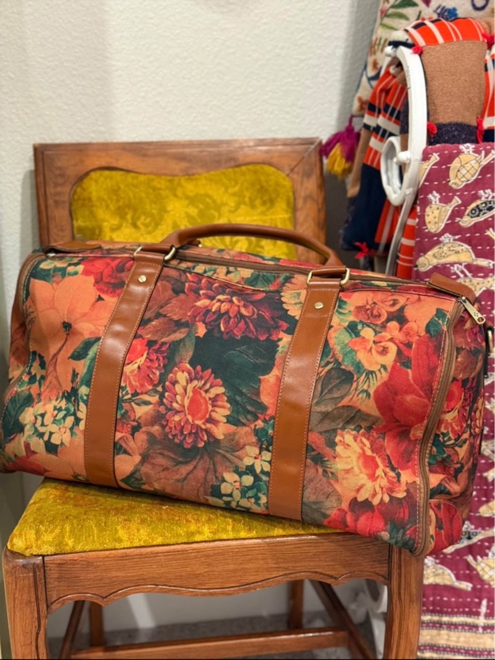 Patricia Nash Multicolor Floral Canvas Duffel with Brown Leather Trim